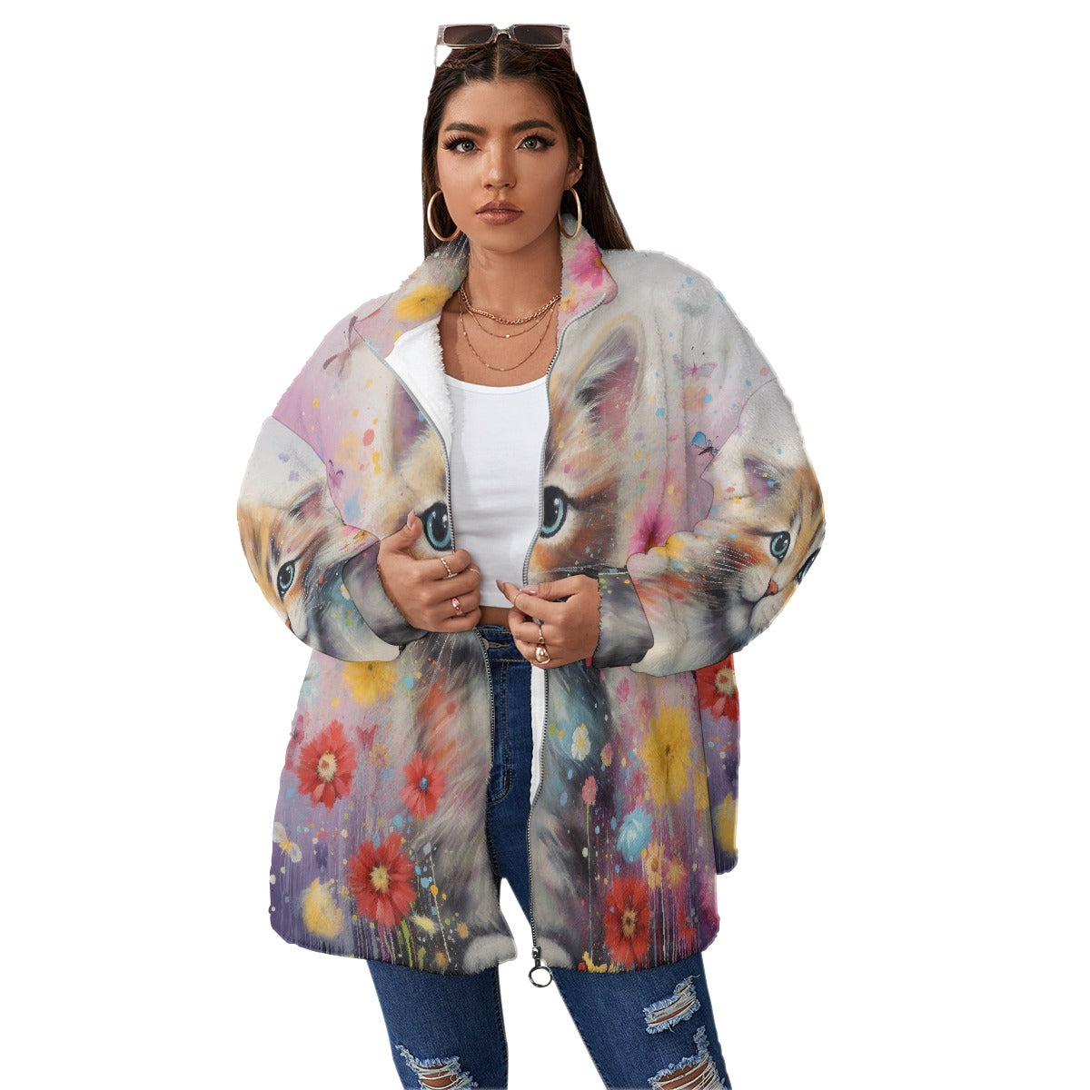 All-Over Print Unisex Borg Fleece Stand-up Collar Coat With Zipper Closure(Plus Size)