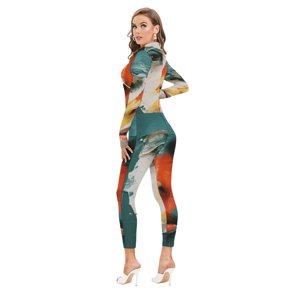 All-Over Print Women's Long-sleeved High-neck Jumpsuit With Zipper