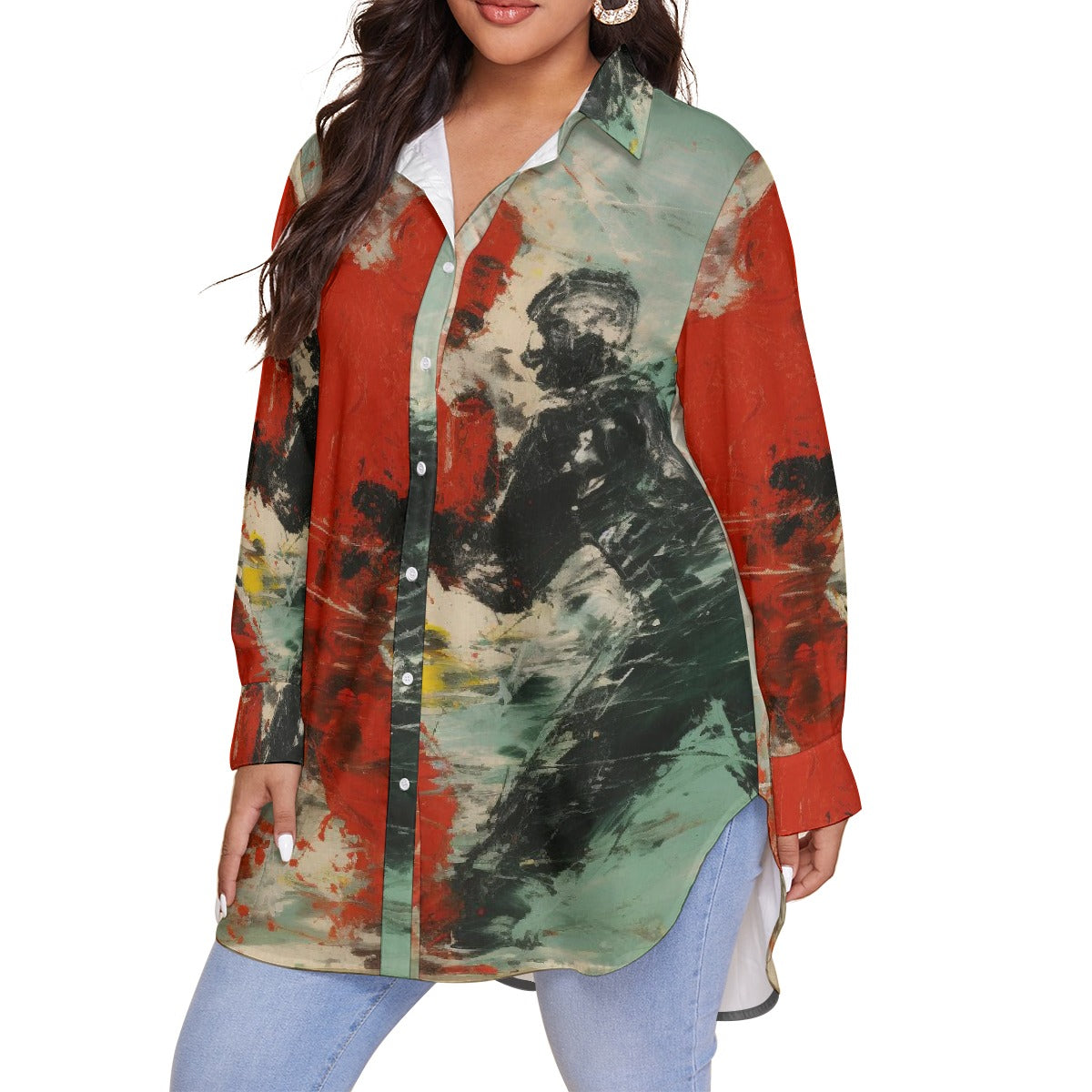 All-Over Print Women's Shirt With Long Sleeve(Plus Size)