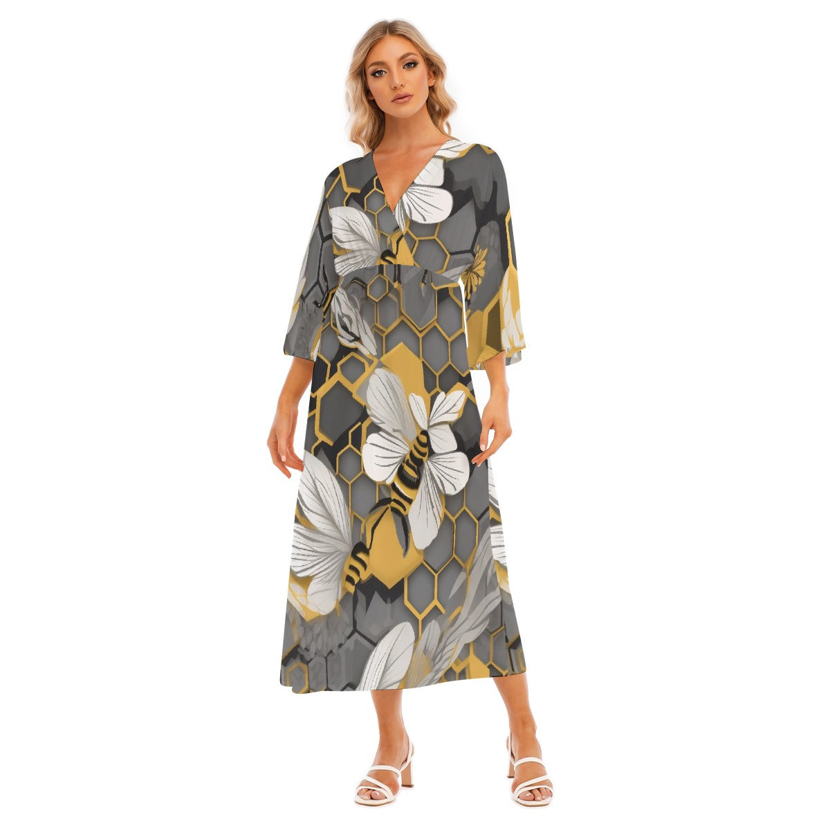 All-Over Print Women's Mid-Sleeve Long Dress