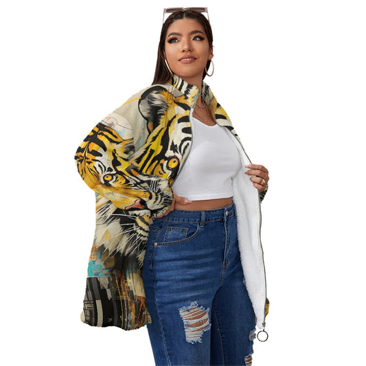 All-Over Print Unisex Borg Fleece Stand-up Collar Coat With Zipper Closure(Plus Size)