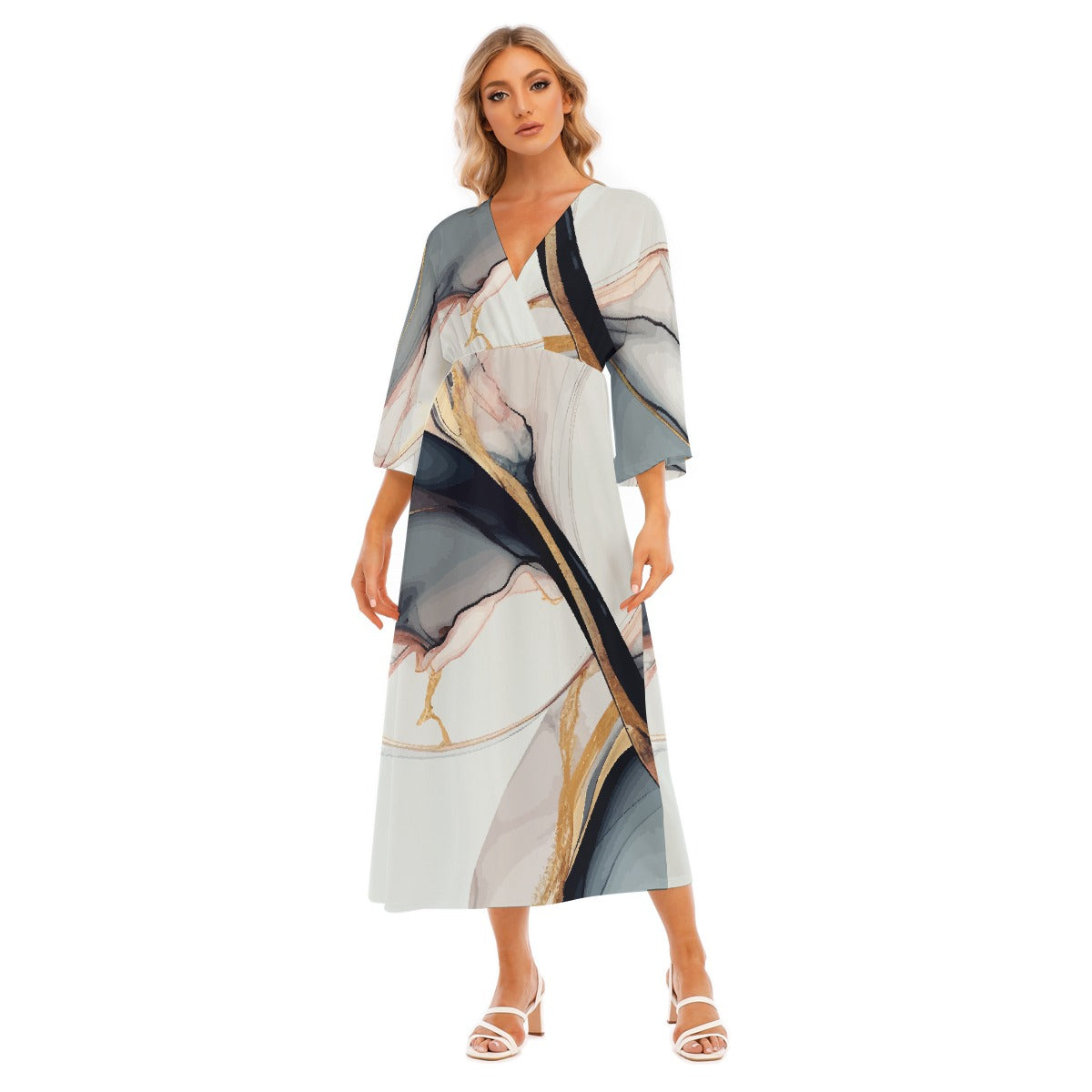 All-Over Print Women's Mid-Sleeve Long Dress