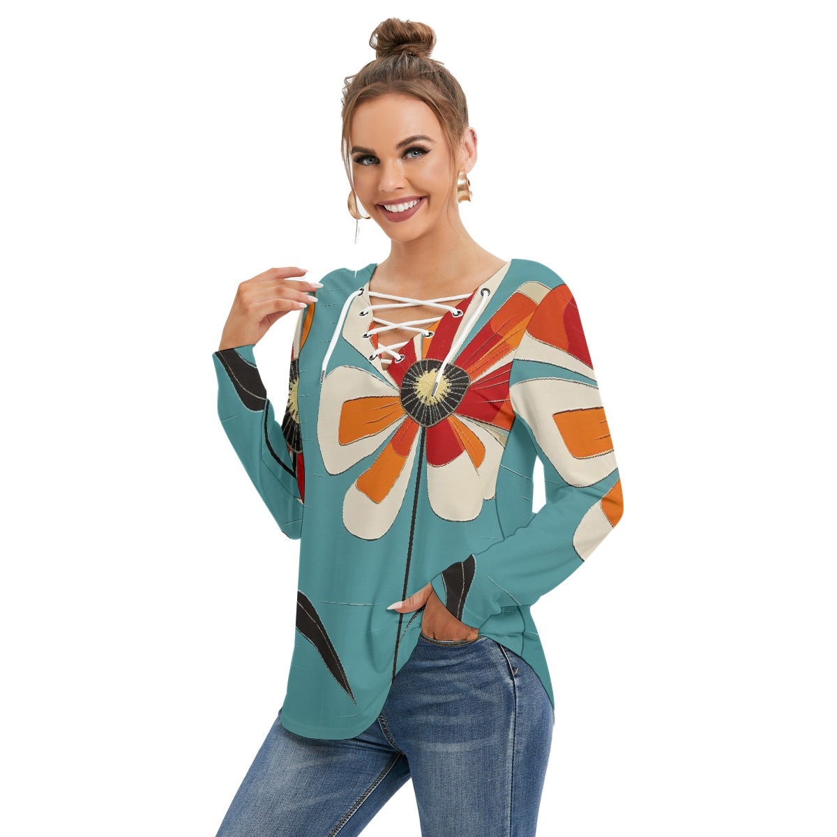 All-Over Print Women's Long Sleeve Neckline Tie Sweatshirt