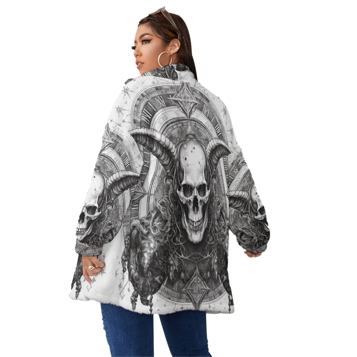 All-Over Print Unisex Borg Fleece Stand-up Collar Coat With Zipper Closure(Plus Size)
