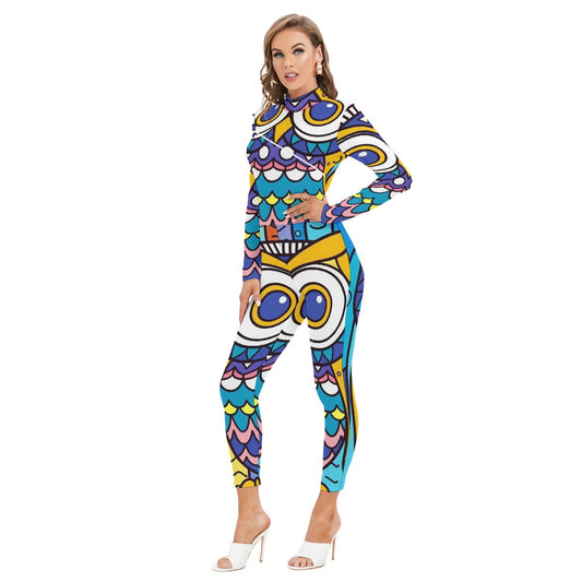 All-Over Print Women's Long-sleeved High-neck Jumpsuit With Zipper