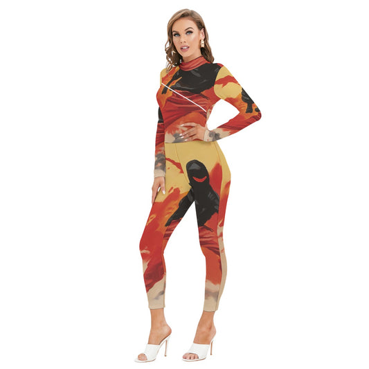 All-Over Print Women's Long-sleeved High-neck Jumpsuit With Zipper