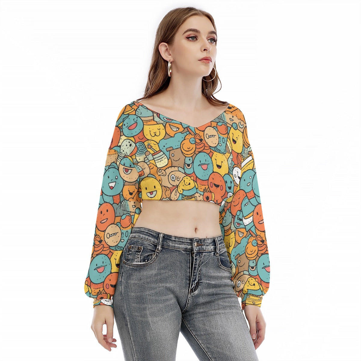 All-Over Print Women's V-neck Long Sleeve Cropped Sweatshirt