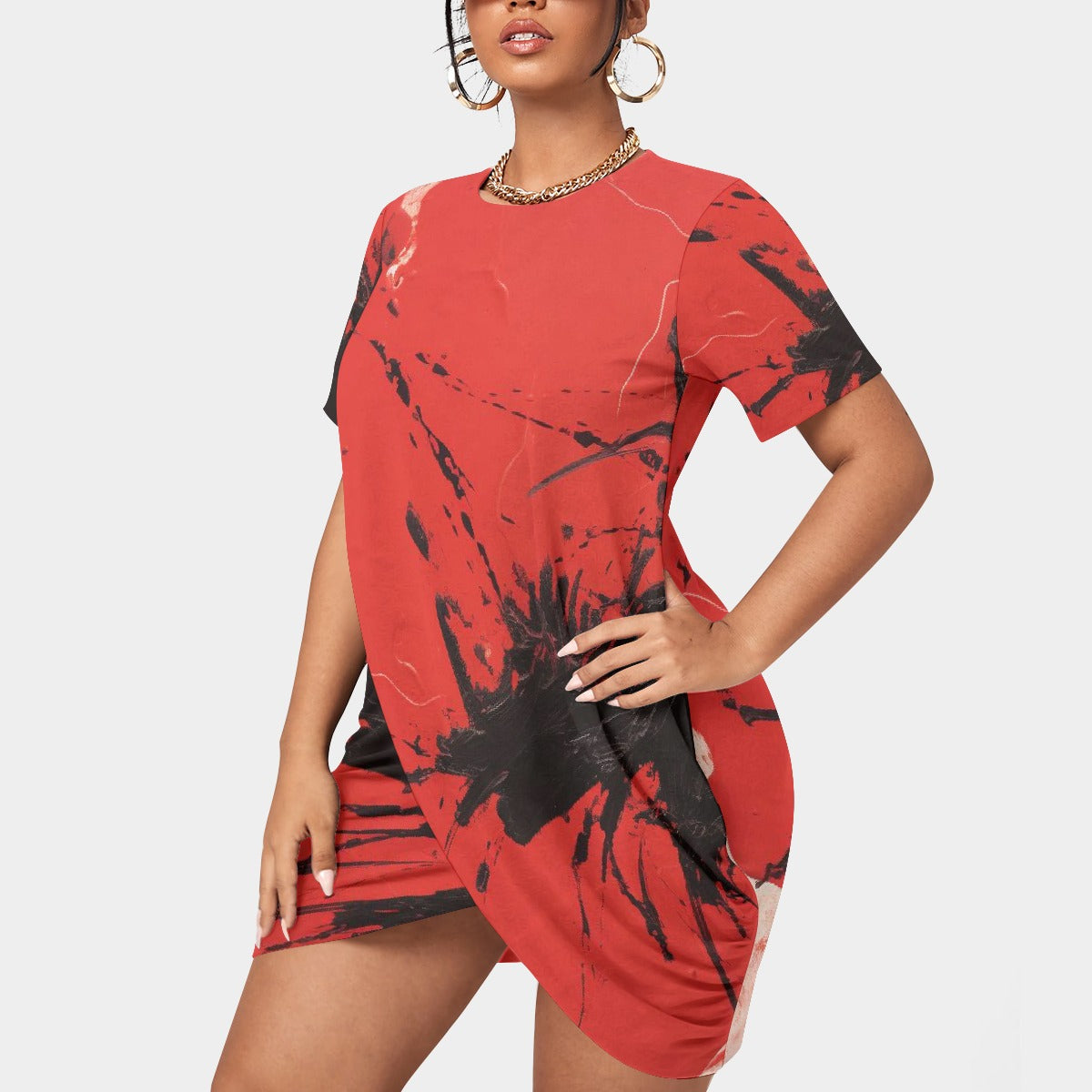 All-Over Print Women’s Stacked Hem Dress With Short Sleeve（Plus Size）