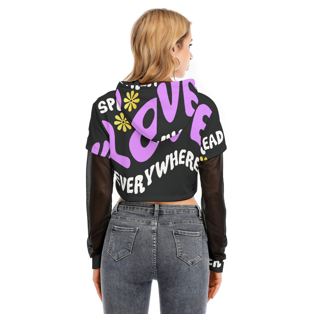 All-Over Print Women's Fake Two-piece Mesh Sleeve Cropped Hoodie