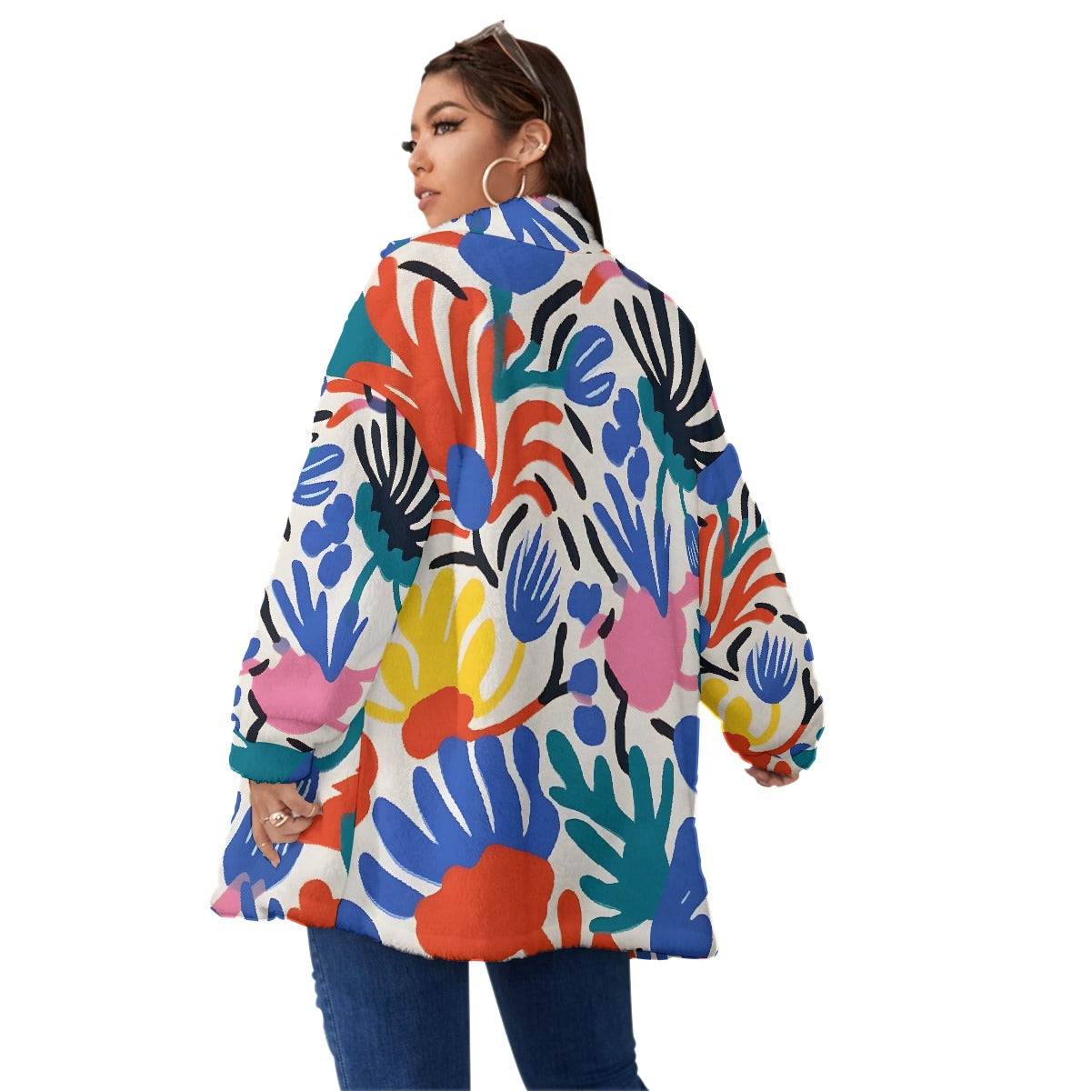 All-Over Print Unisex Borg Fleece Stand-up Collar Coat With Zipper Closure(Plus Size)