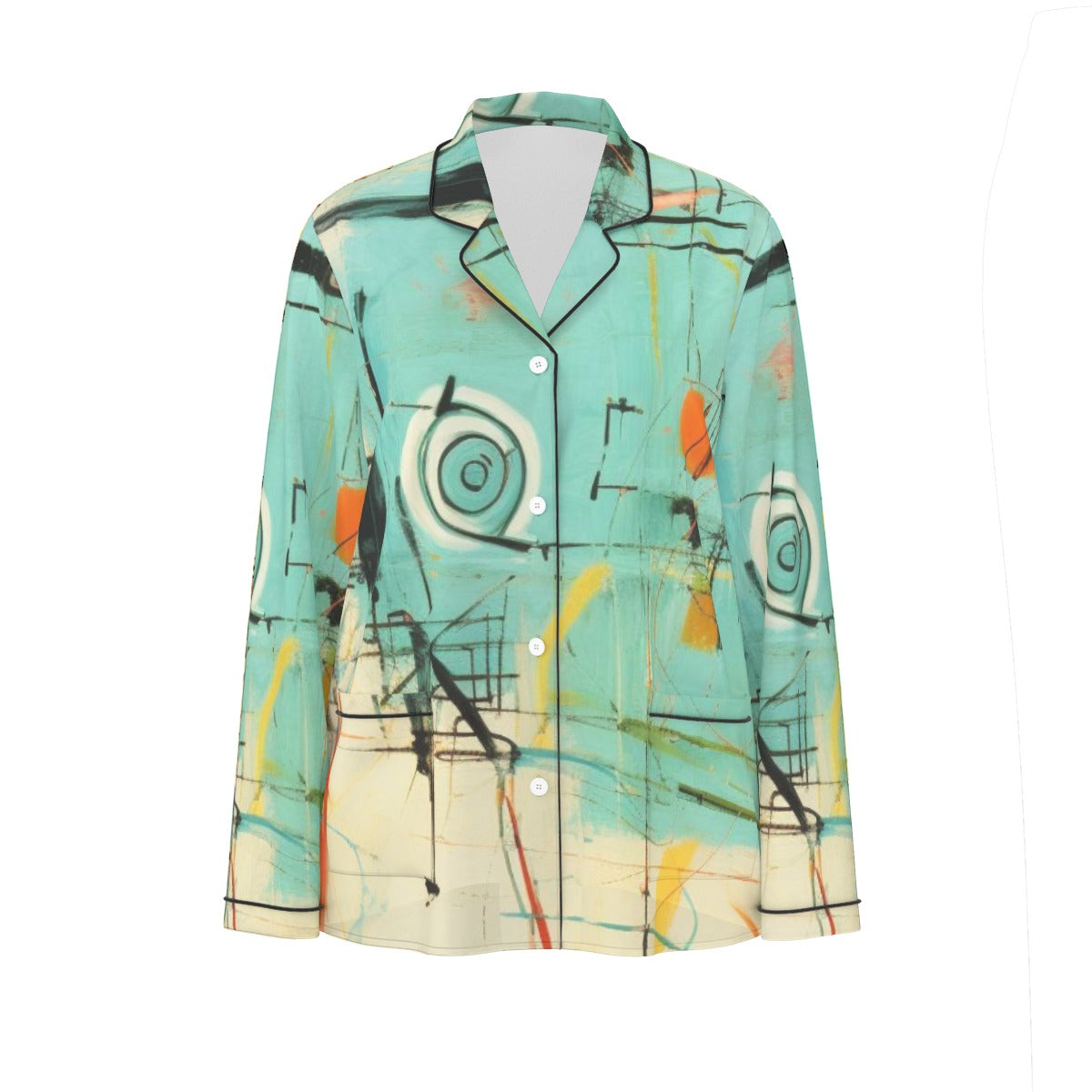 All-Over Print Women's Long Sleeve Pajama Set With Black Contrast Piping