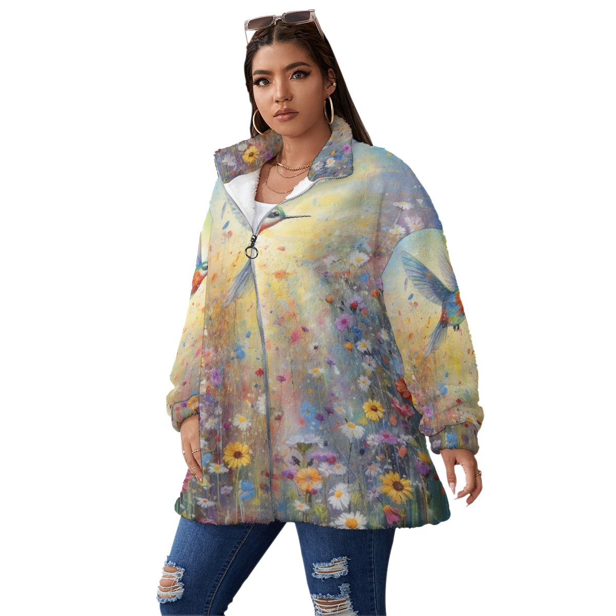 All-Over Print Unisex Borg Fleece Stand-up Collar Coat With Zipper Closure(Plus Size)