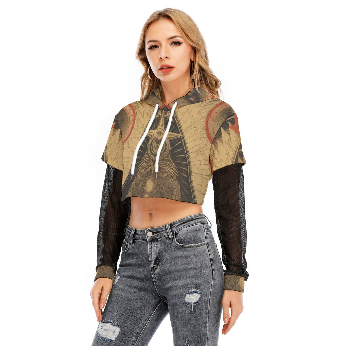 All-Over Print Women's Fake Two-piece Mesh Sleeve Cropped Hoodie