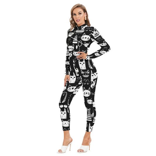 All-Over Print Women's Long-sleeved High-neck Jumpsuit With Zipper