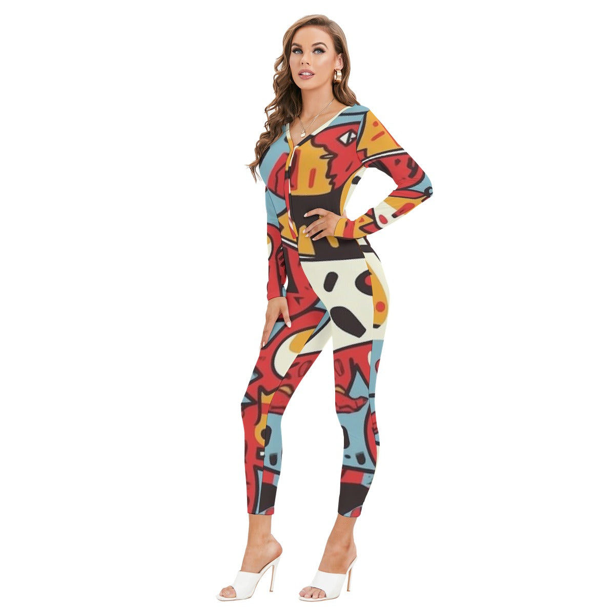 All-Over Print Women's Plunging Neck Jumpsuit