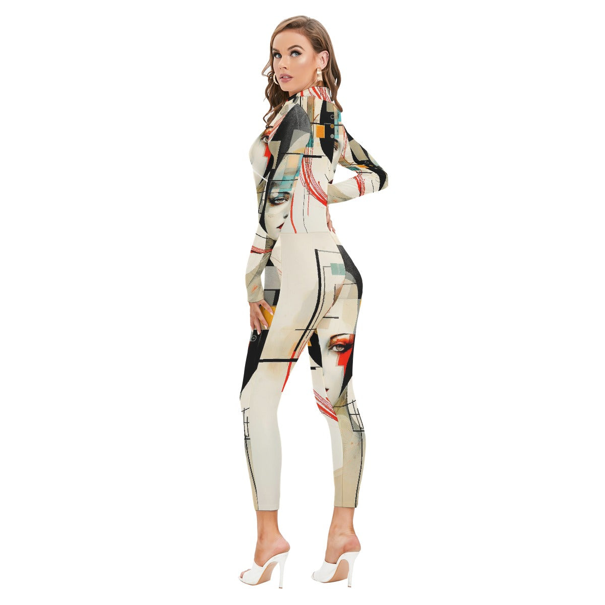 All-Over Print Women's Long-sleeved High-neck Jumpsuit With Zipper