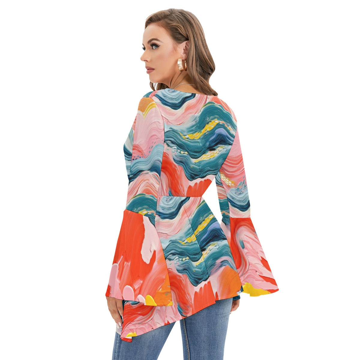 All-Over Print Women's V-neck Blouse With Flared Sleeves
