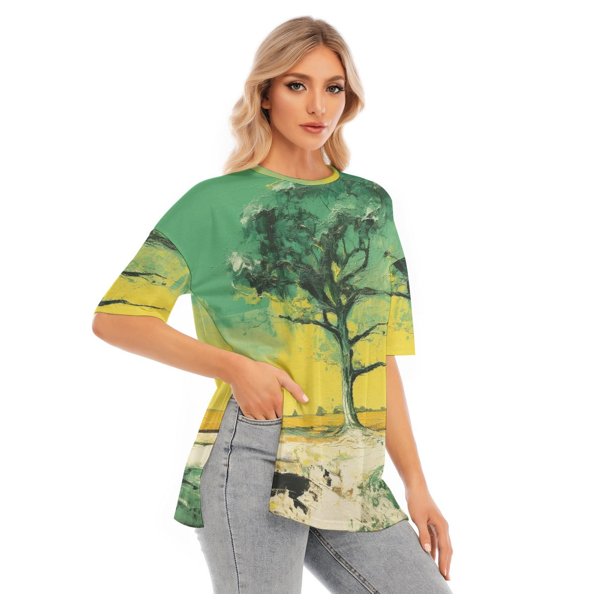 All-Over Print Women's Short Sleeves T-shirt With Hem Split