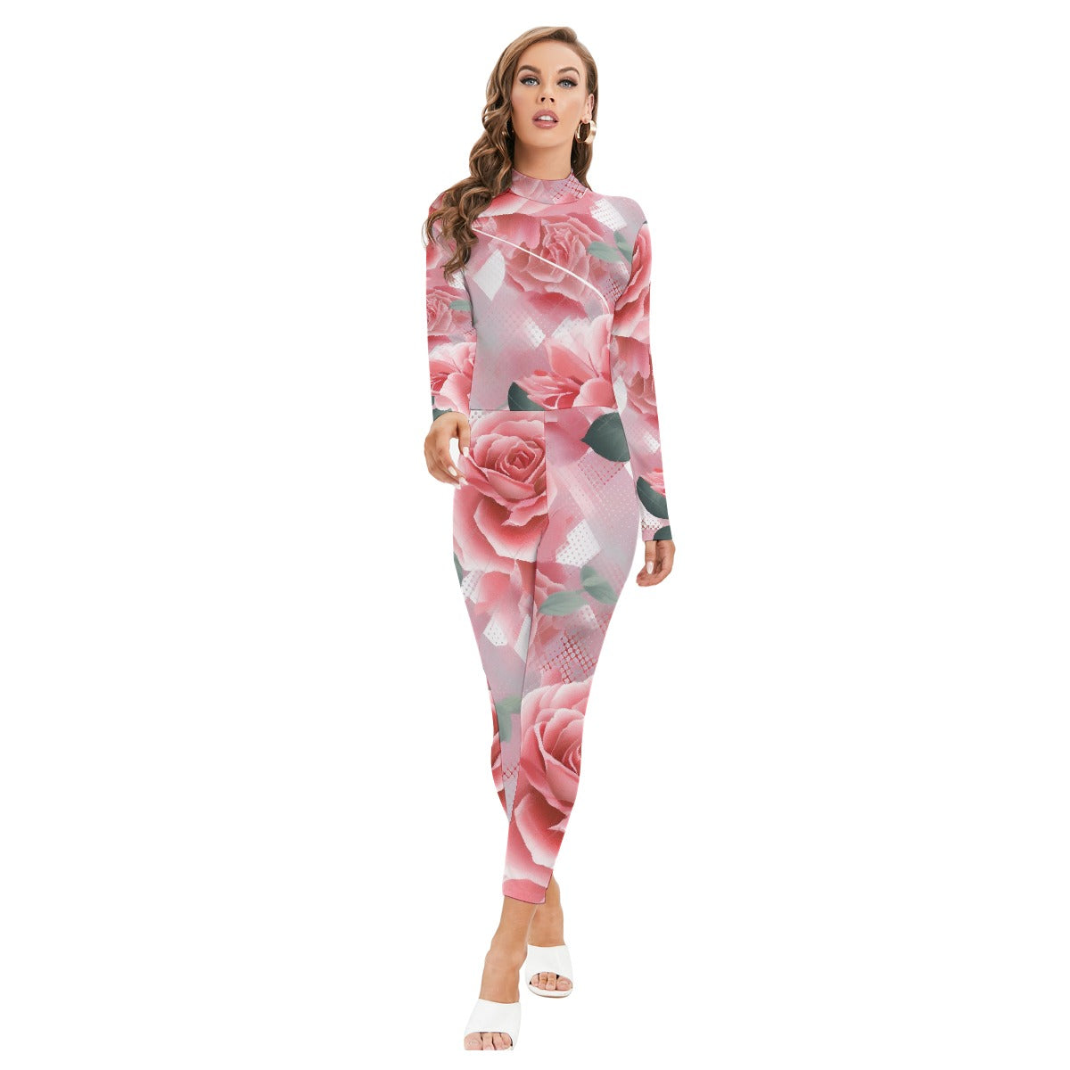 All-Over Print Women's Long-sleeved High-neck Jumpsuit With Zipper