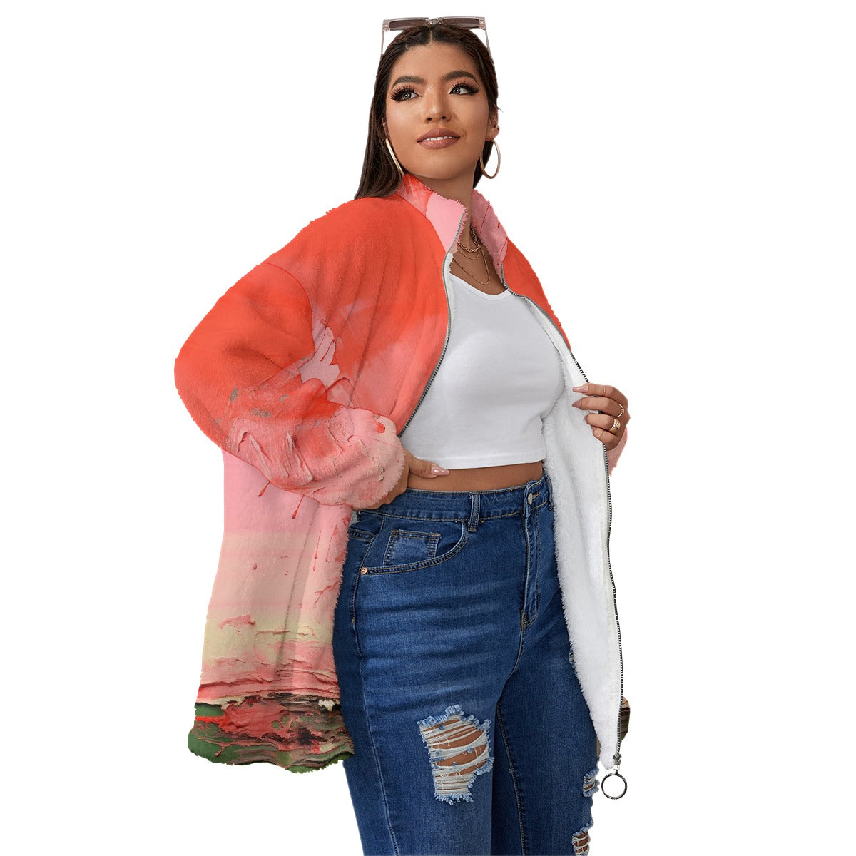 All-Over Print Unisex Borg Fleece Stand-up Collar Coat With Zipper Closure(Plus Size)