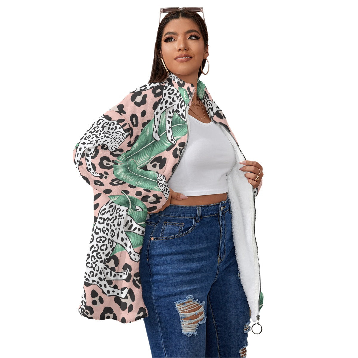 All-Over Print Unisex Borg Fleece Stand-up Collar Coat With Zipper Closure(Plus Size)