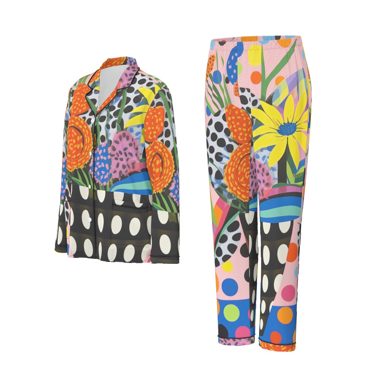 All-Over Print Women's Long Sleeve Pajama Set With Black Contrast Piping