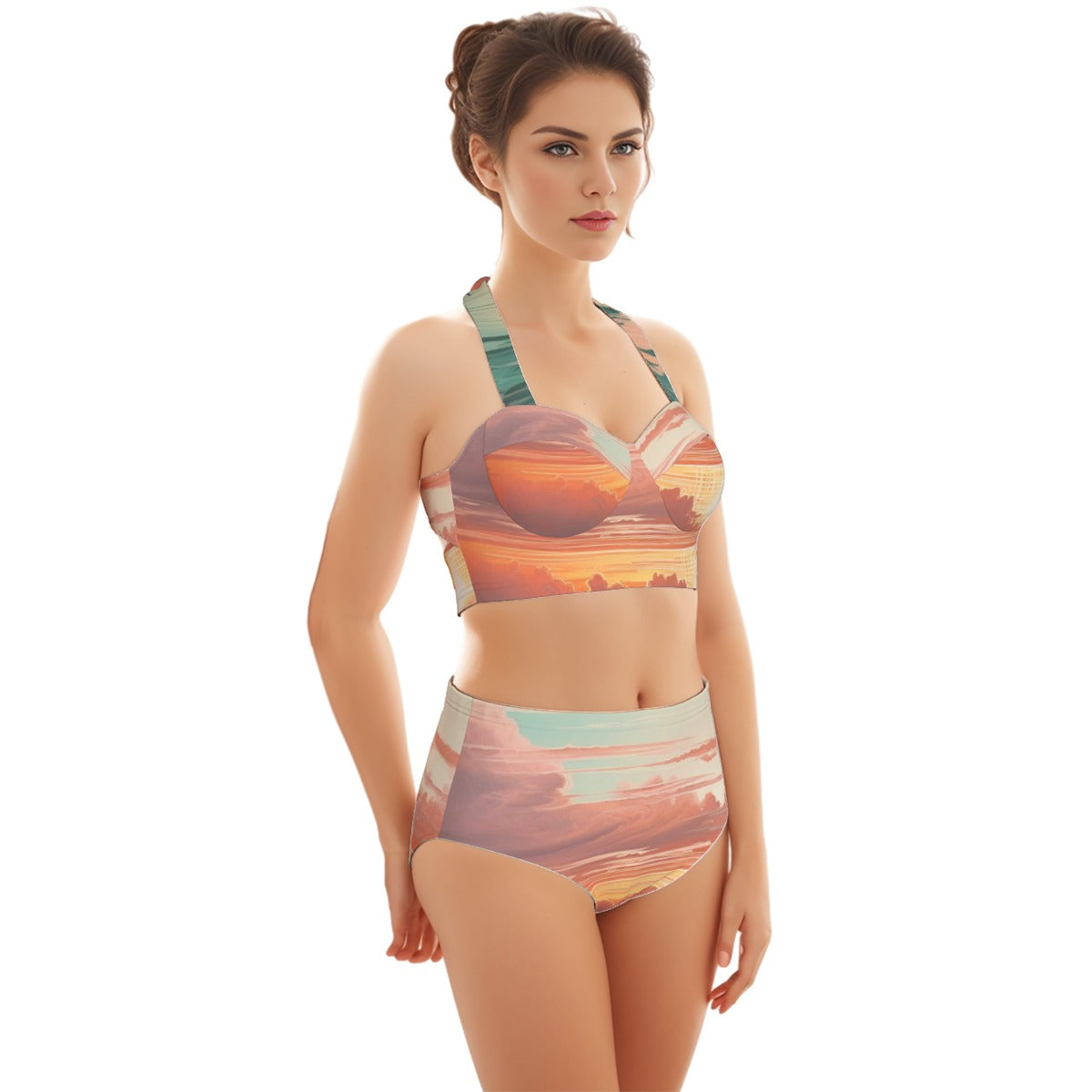 All-Over Print Women's Swimsuit Set With Halter