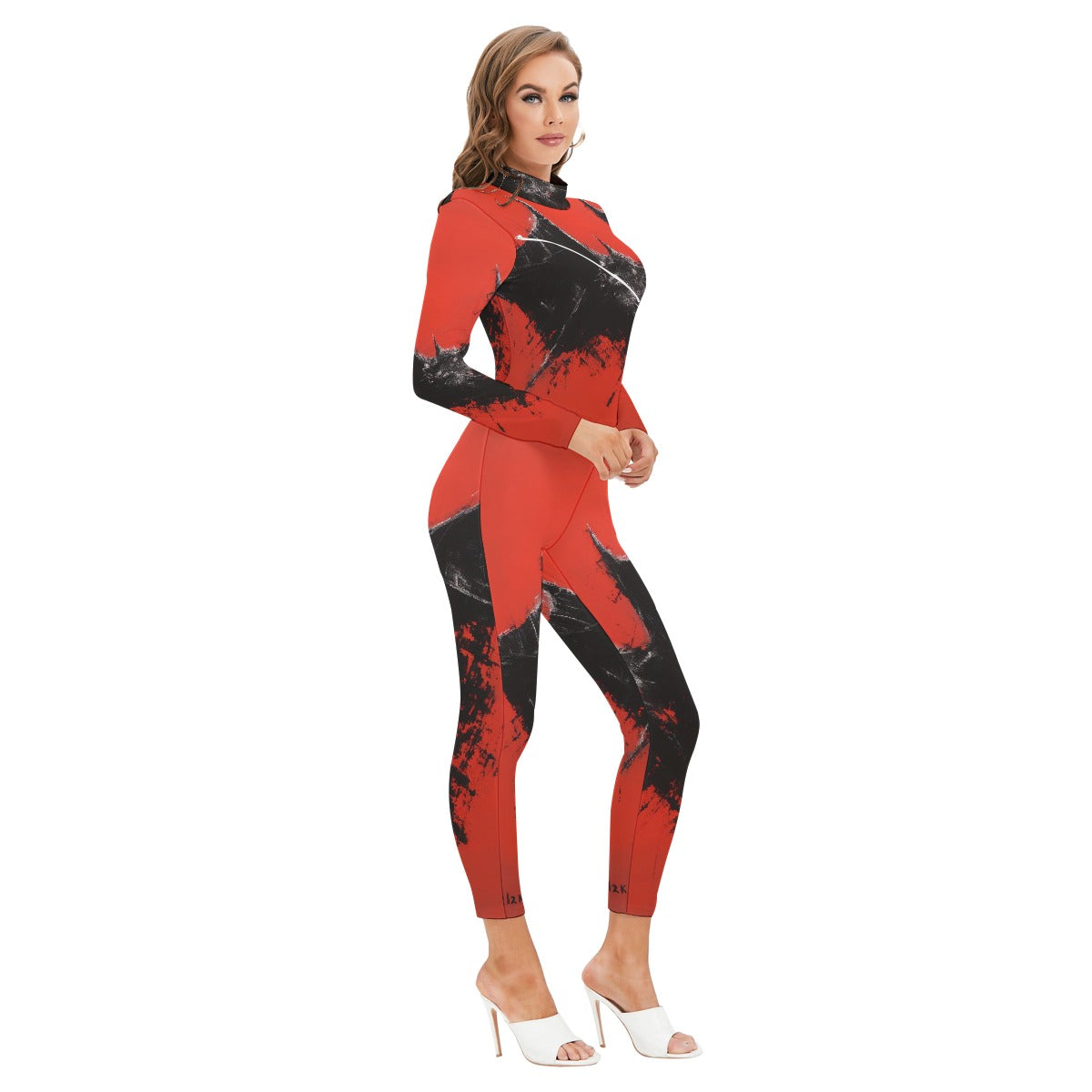 All-Over Print Women's Long-sleeved High-neck Jumpsuit With Zipper