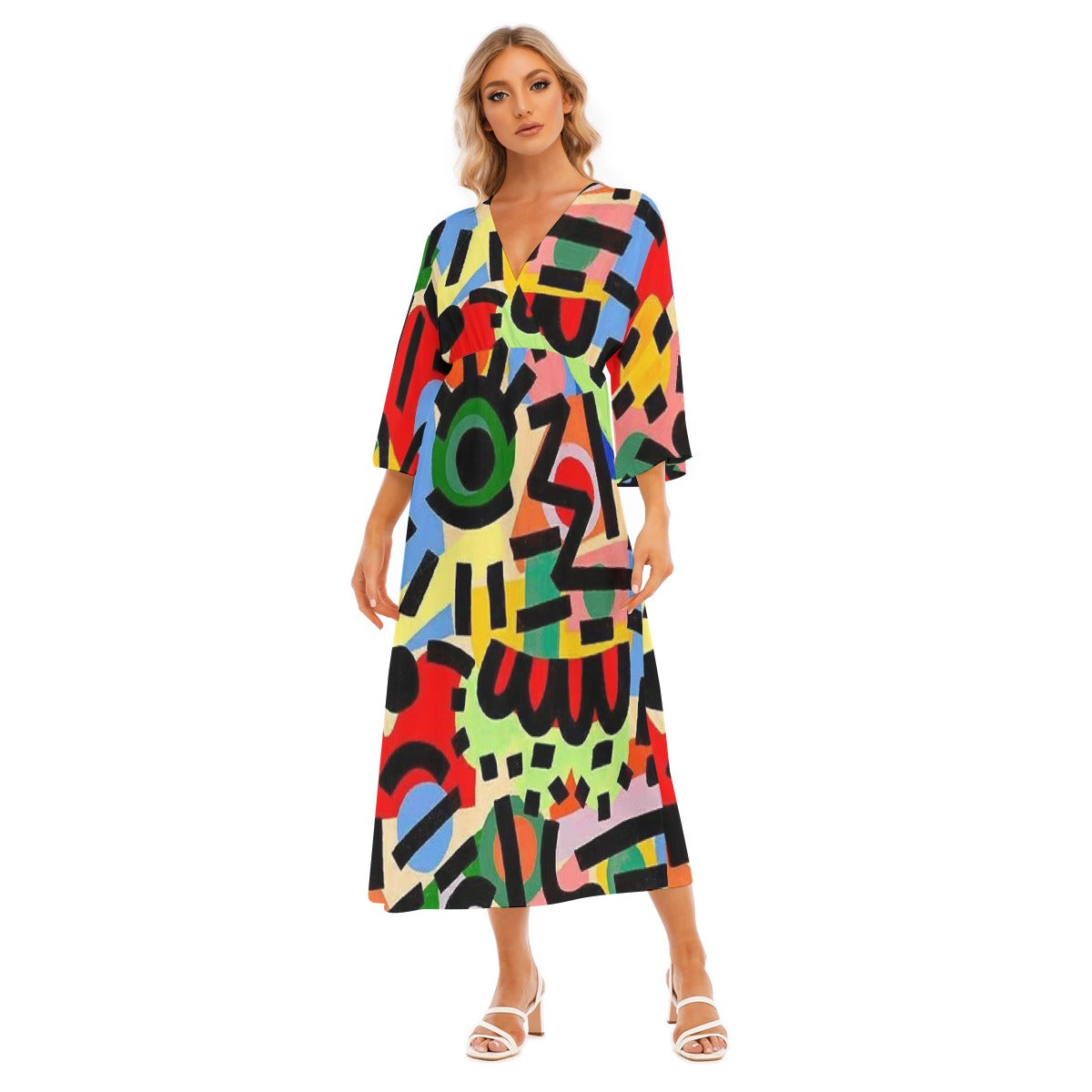 All-Over Print Women's Mid-Sleeve Long Dress