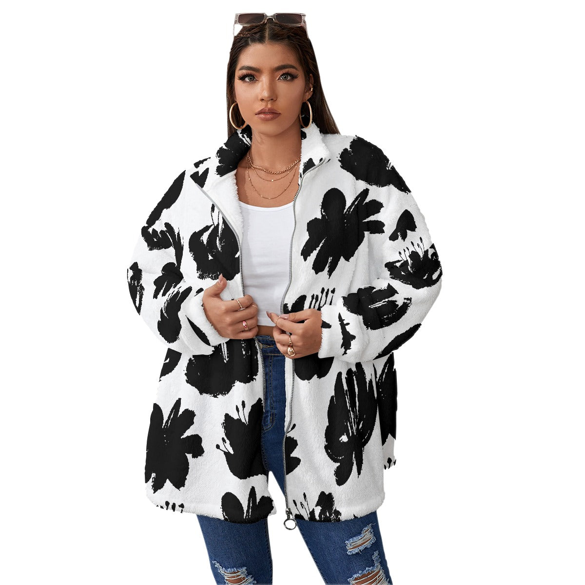 All-Over Print Unisex Borg Fleece Stand-up Collar Coat With Zipper Closure(Plus Size)