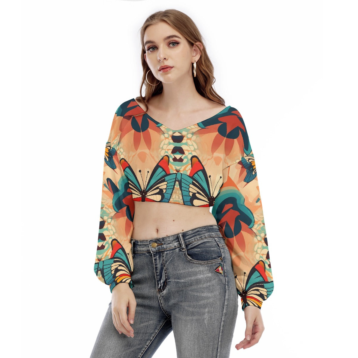 All-Over Print Women's V-neck Long Sleeve Cropped Sweatshirt