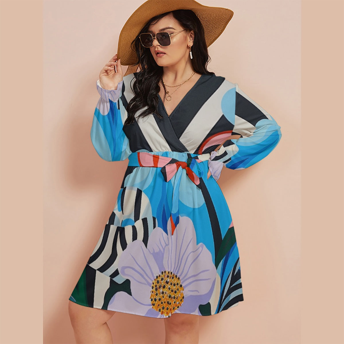 All-Over Print Women's V-neck Dress With Waistband(Plus Size)