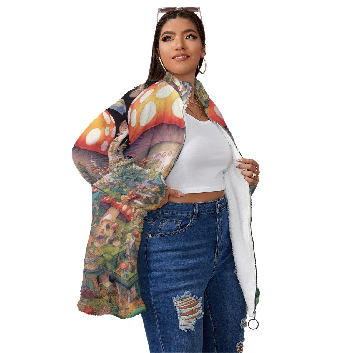 All-Over Print Unisex Borg Fleece Stand-up Collar Coat With Zipper Closure(Plus Size)