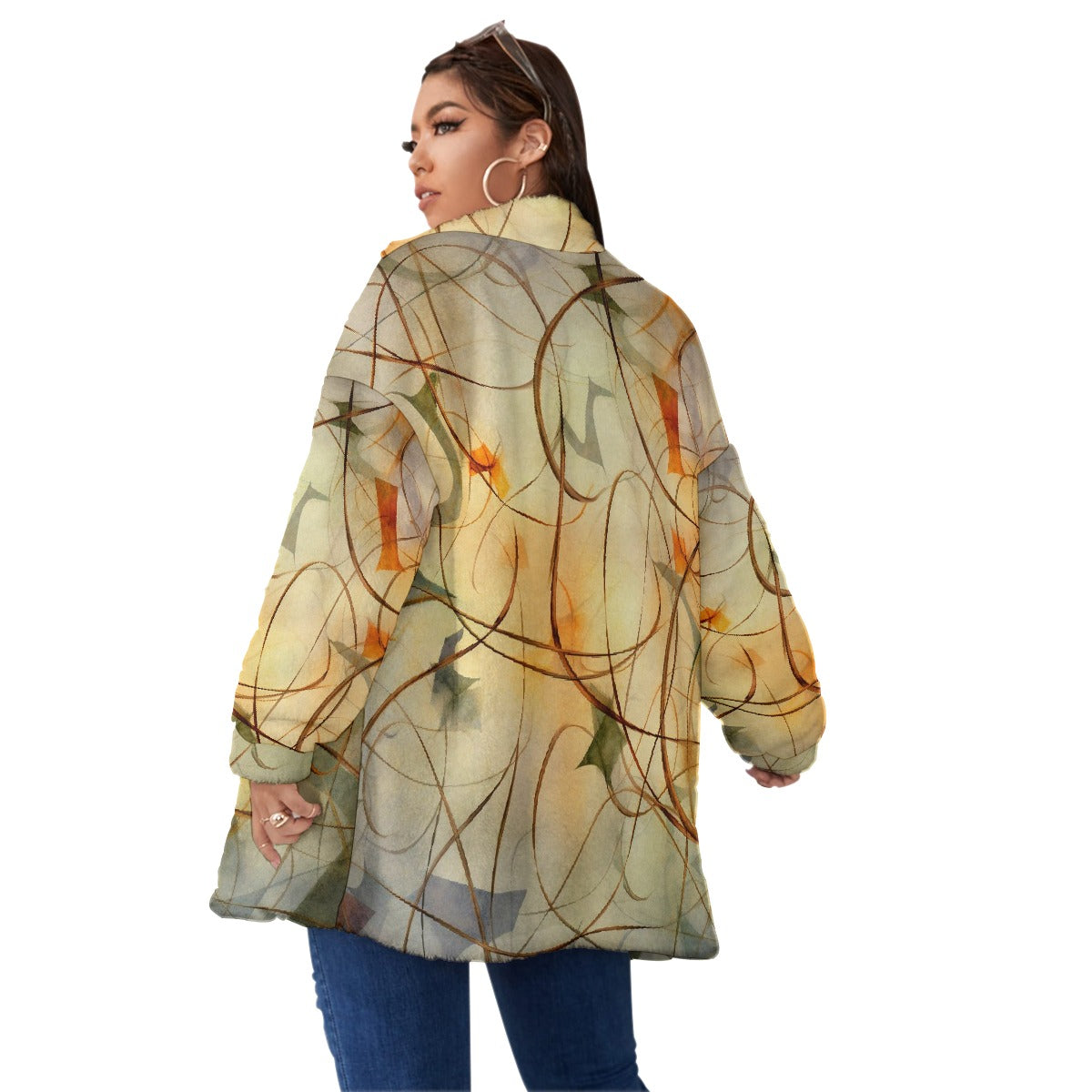 All-Over Print Unisex Borg Fleece Stand-up Collar Coat With Zipper Closure(Plus Size)