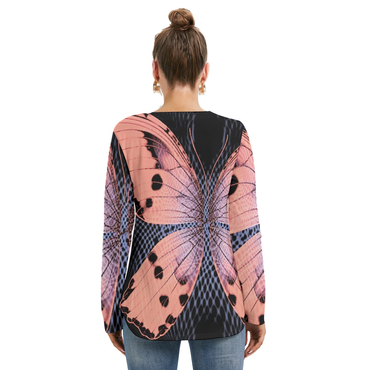 All-Over Print Women's Long Sleeve Neckline Tie Sweatshirt