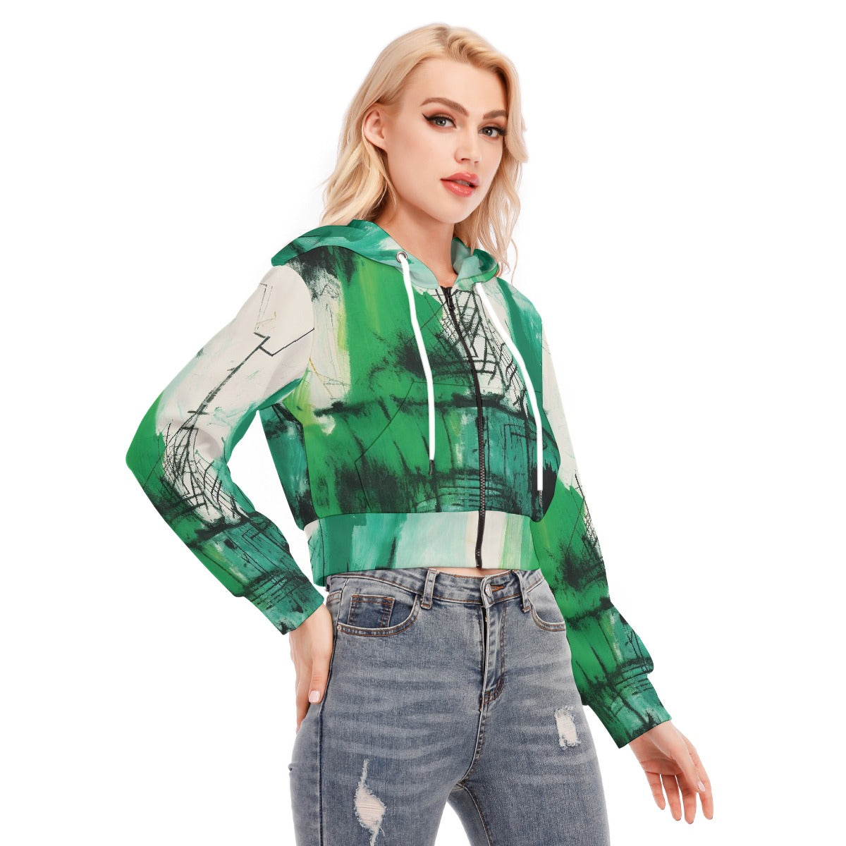 All-Over Print Women's Crop Top Hoodie With Zipper Closure