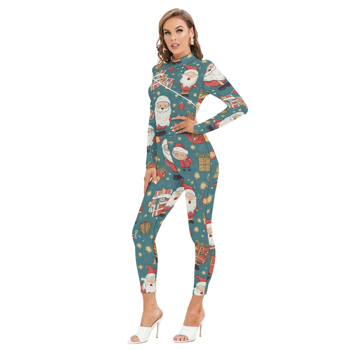 All-Over Print Women's Long-sleeved High-neck Jumpsuit With Zipper