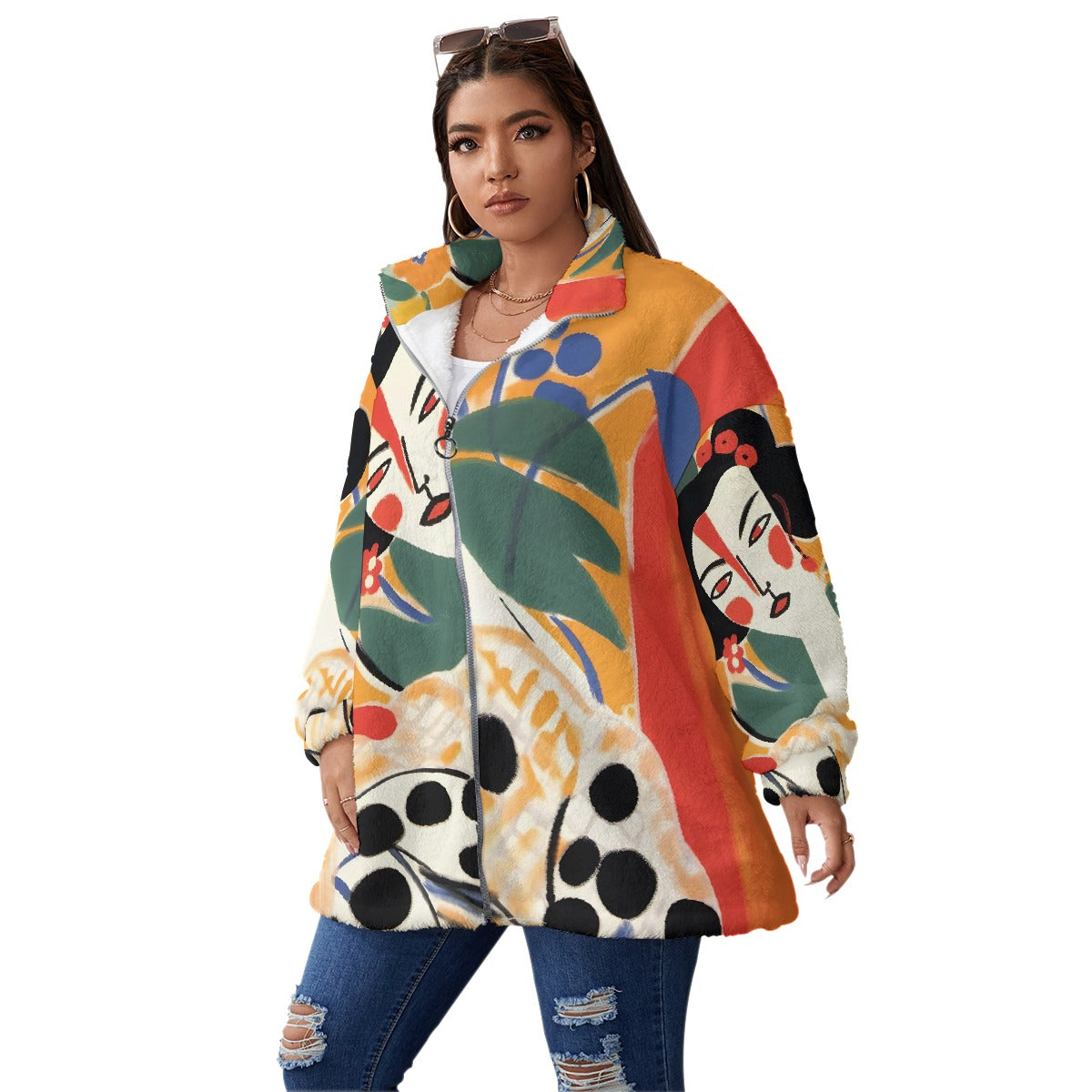 All-Over Print Unisex Borg Fleece Stand-up Collar Coat With Zipper Closure(Plus Size)