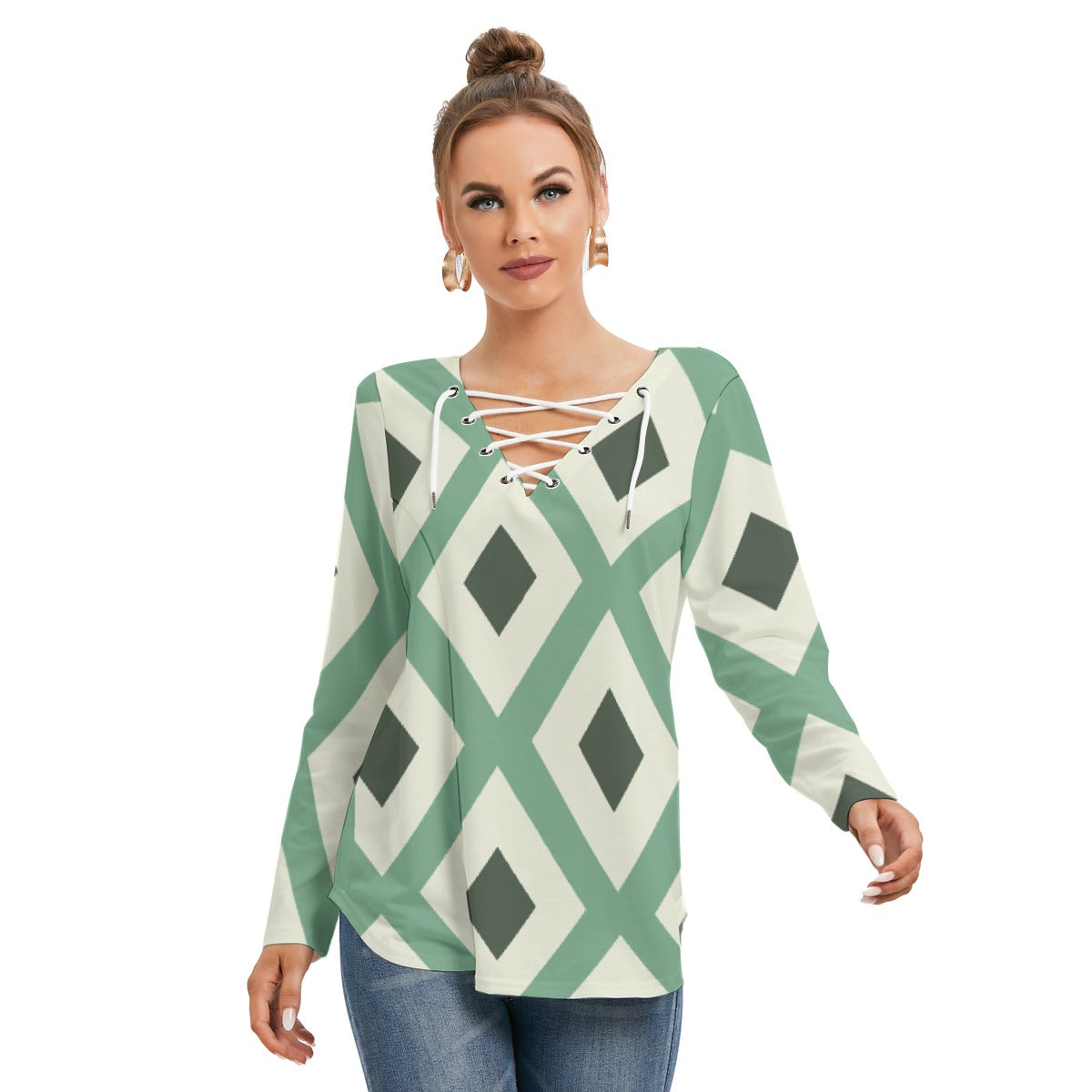 All-Over Print Women's Long Sleeve Neckline Tie Sweatshirt