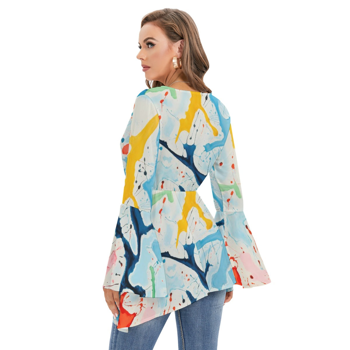 All-Over Print Women's V-neck Blouse With Flared Sleeves