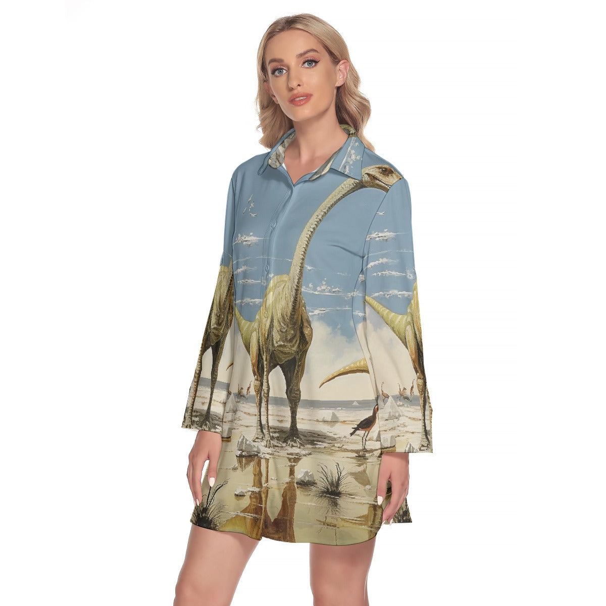 All-Over Print Women's Lapel Shirt Dress With Long Sleeve