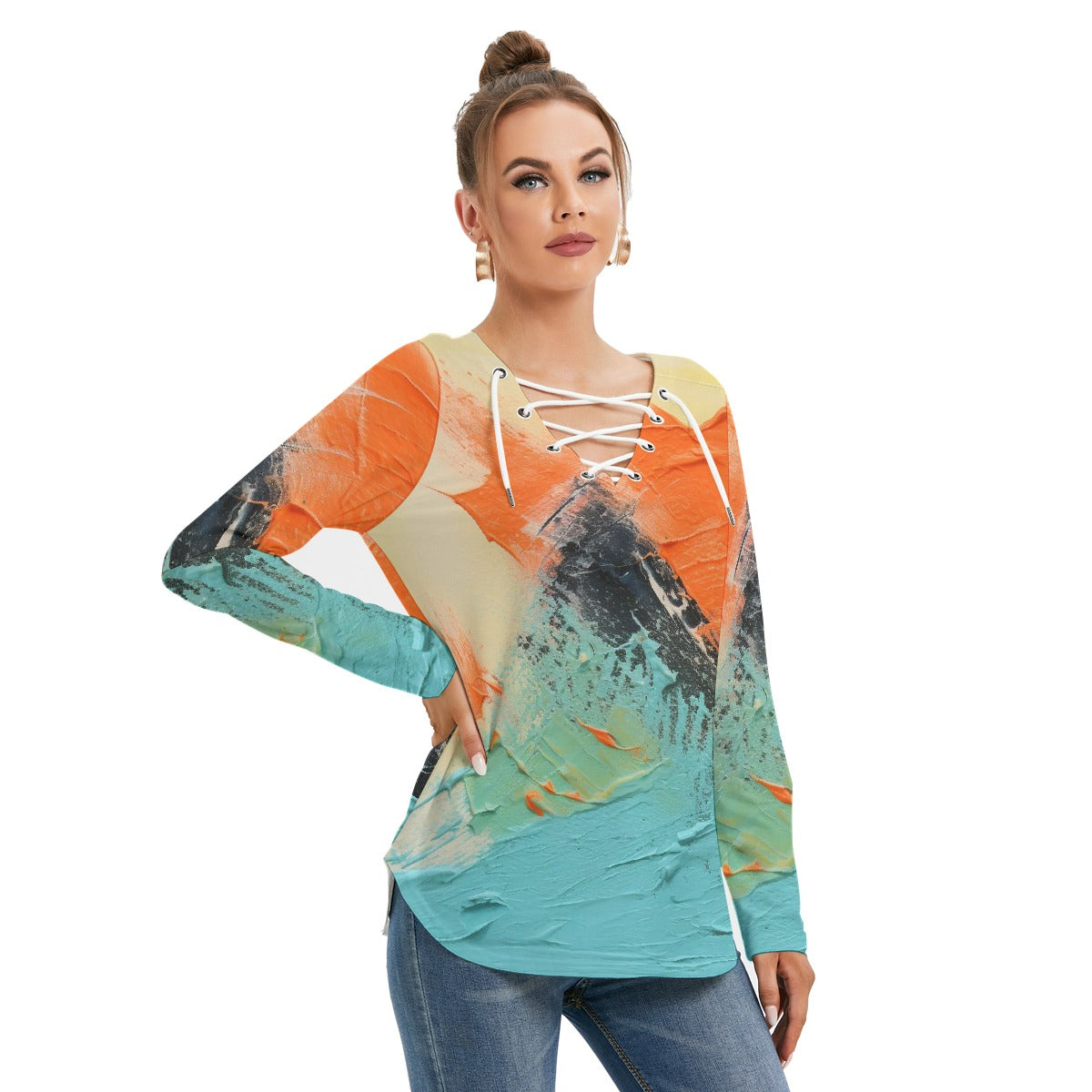 All-Over Print Women's Long Sleeve Neckline Tie Sweatshirt