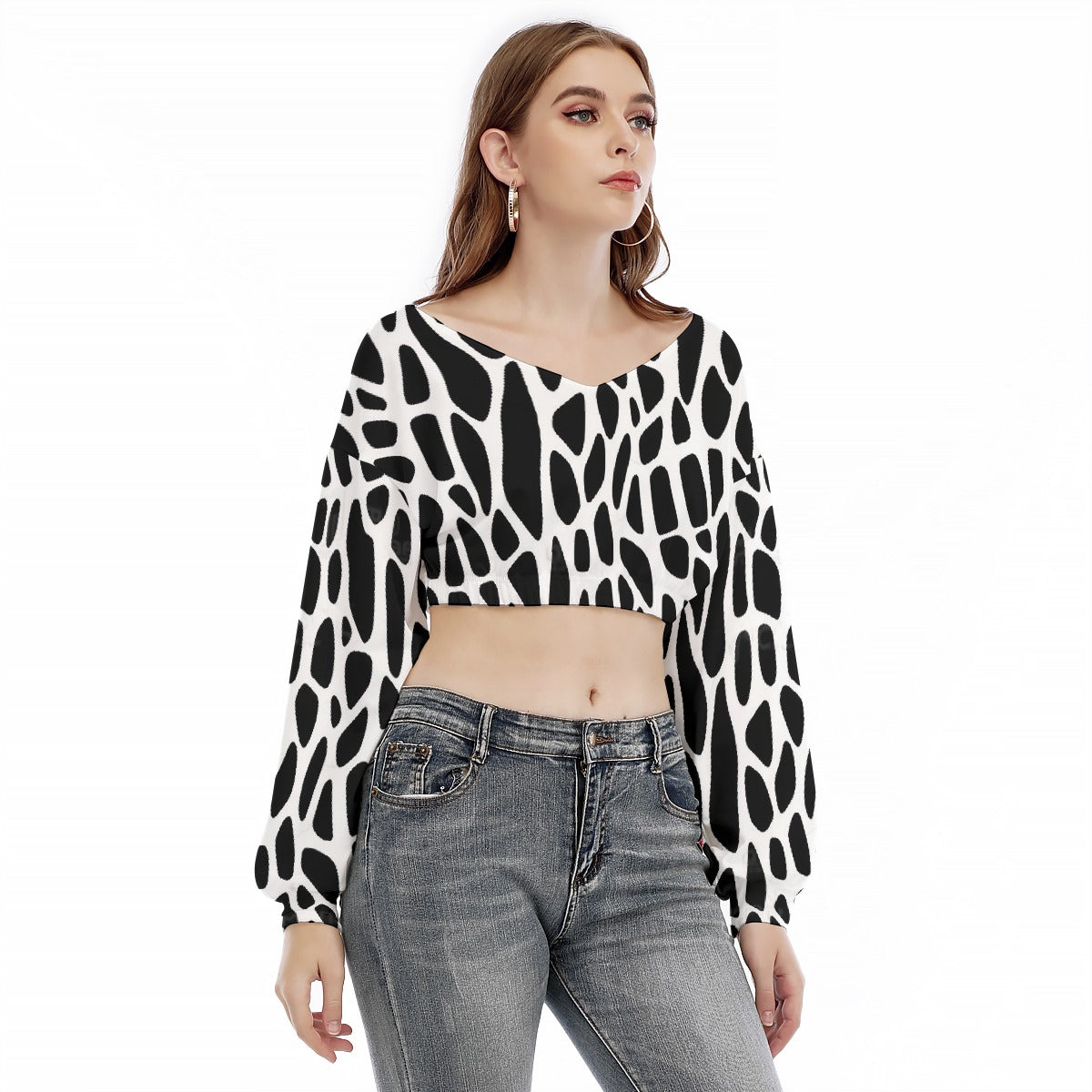 All-Over Print Women's V-neck Long Sleeve Cropped Sweatshirt