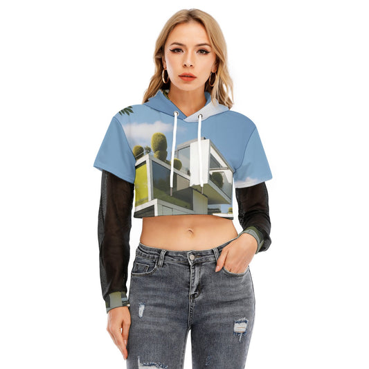 All-Over Print Women's Fake Two-piece Mesh Sleeve Cropped Hoodie