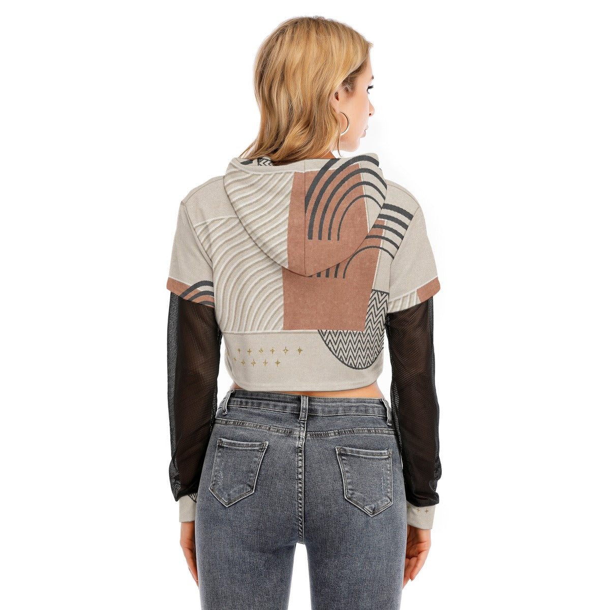 All-Over Print Women's Fake Two-piece Mesh Sleeve Cropped Hoodie