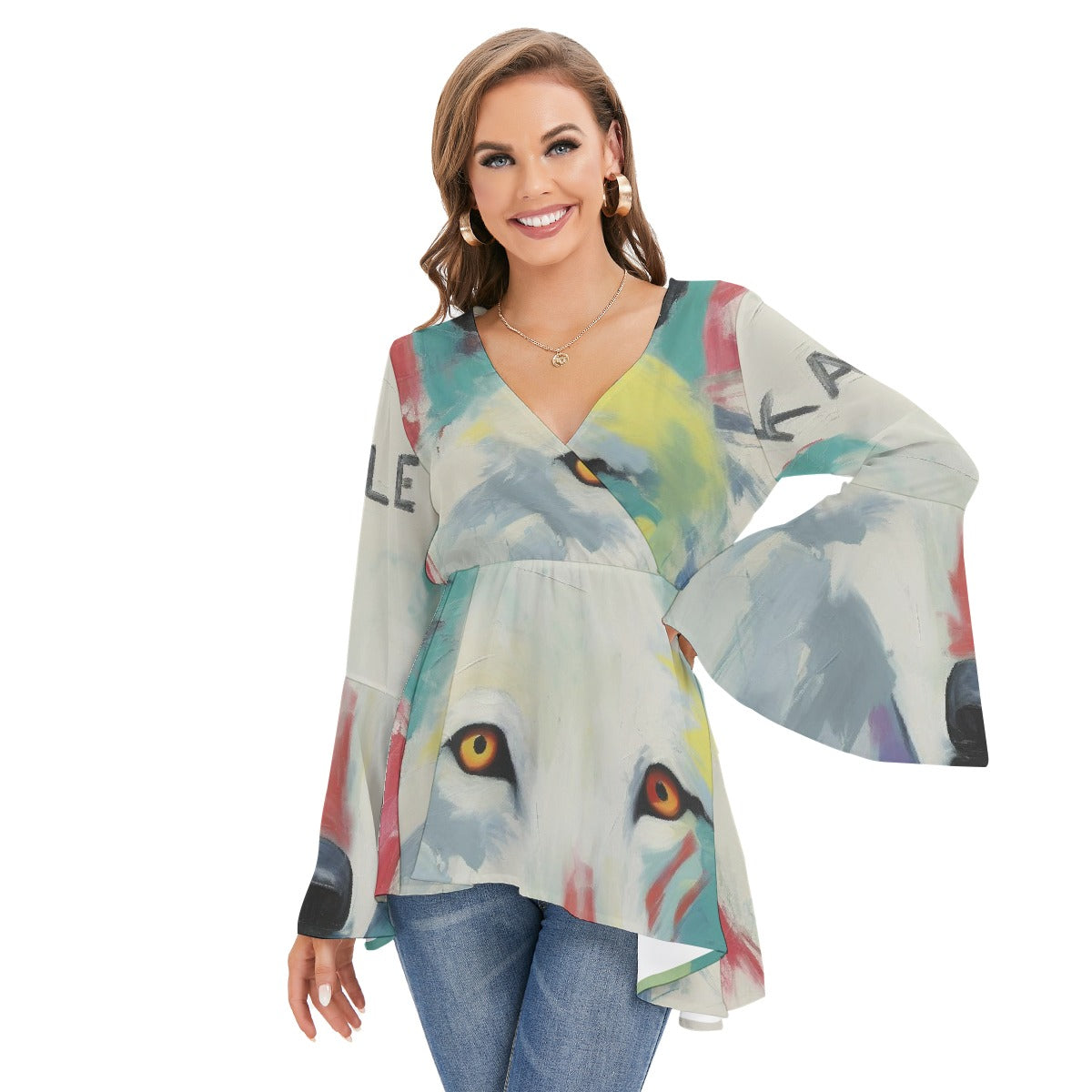 All-Over Print Women's V-neck Blouse With Flared Sleeves