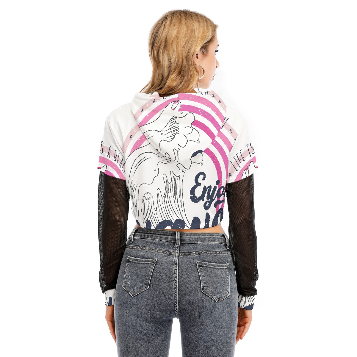 All-Over Print Women's Fake Two-piece Mesh Sleeve Cropped Hoodie