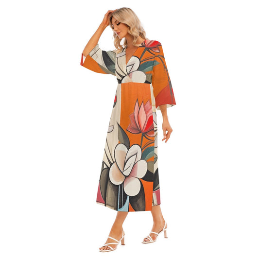All-Over Print Women's Mid-Sleeve Long Dress