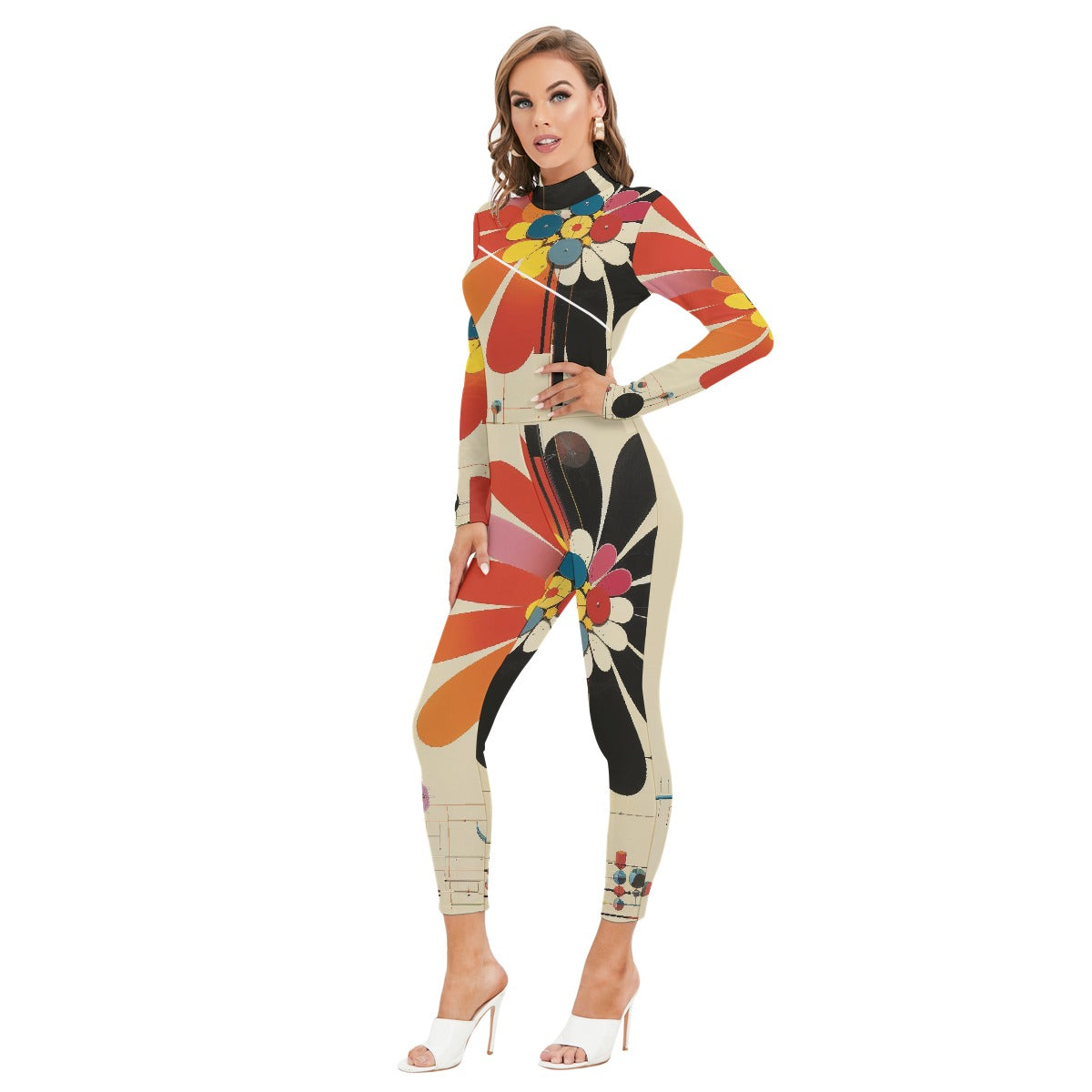 All-Over Print Women's Long-sleeved High-neck Jumpsuit With Zipper