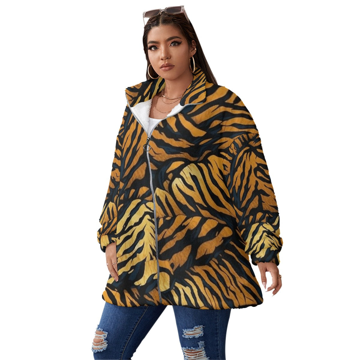 All-Over Print Unisex Borg Fleece Stand-up Collar Coat With Zipper Closure(Plus Size)
